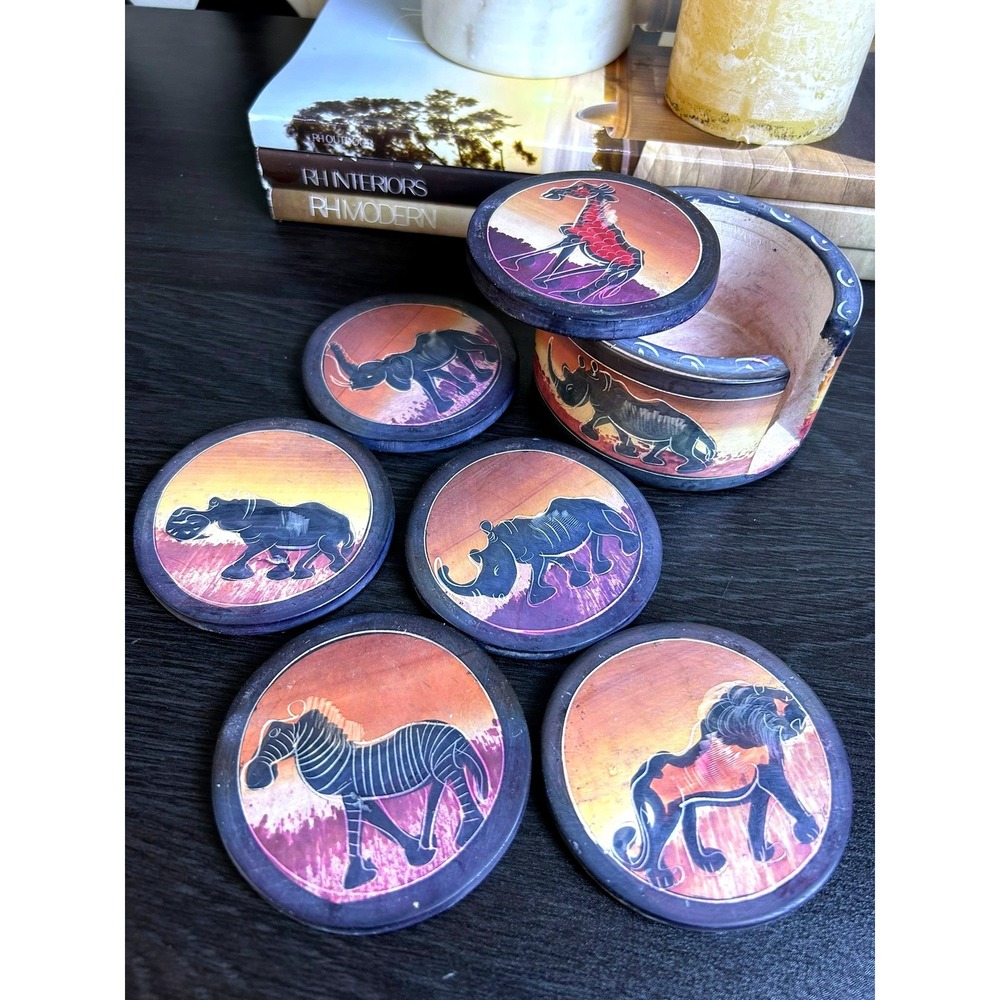 African Soapstone Safari Coaster Set Zimbabwe Hand Painted Wildlife‎